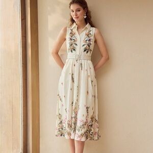 MOTF NWT Cream Floral Print Half Button Sleeveless Belted Midi Dress Size Medium